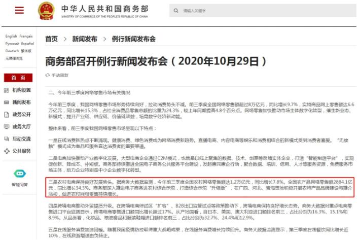 商务部:前三季度农村网络零售额达1.2万亿元,同比增长7.8%_零售_电商报 商务部:前三季度农村网络零售额达1.2万亿元,同比增长7.8%